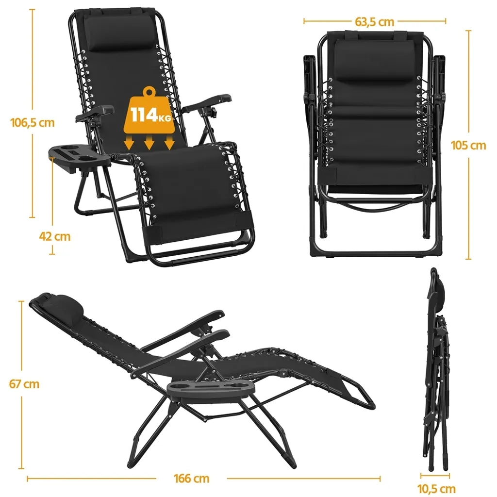 Yaheetech Set van 2 Zero Gravity Ligstoelen - Zwart - Opvouwbare Relaxstoelen met Hoofdkussen en Bekerhouder