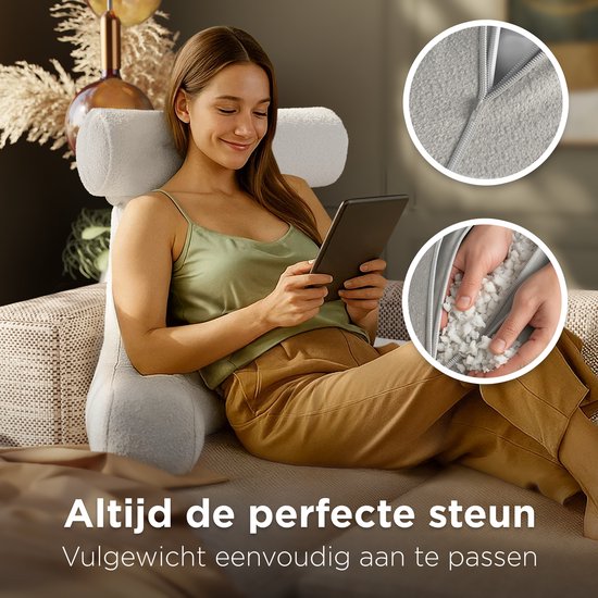 CozySense® Leeskussen voor in Bed - Ergonomisch Zitkussen - Boekkussen - Groot Relax Kussen - Verstelbare Vulling - Afneembare Hoes - CertiPUR® - Beige