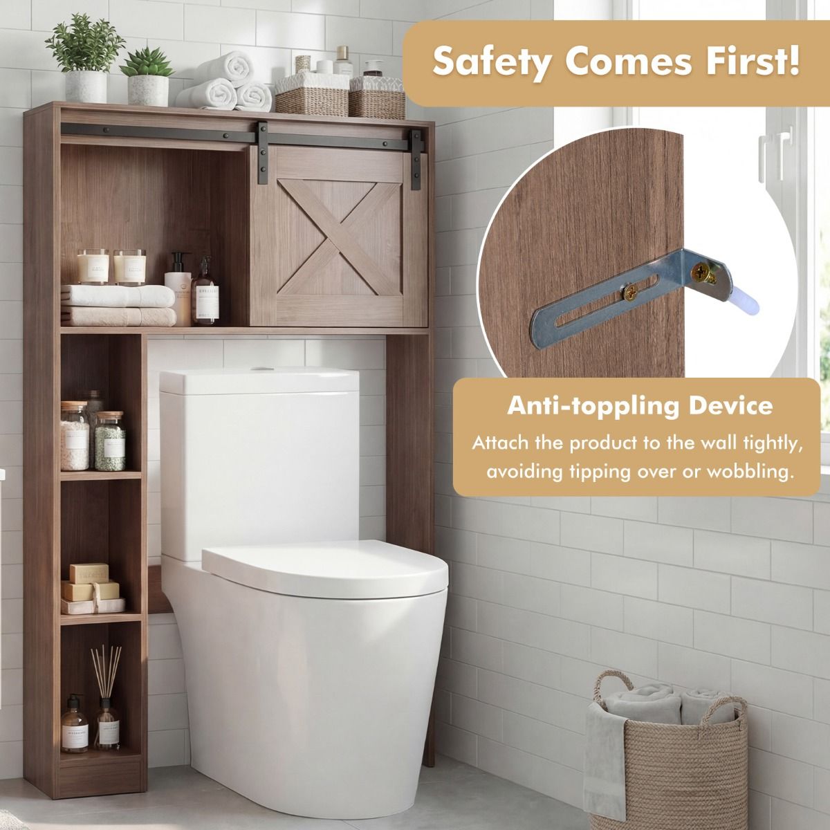 Coast toiletkast met schuifdeur - vrijstaand badkamerrek - hout en MDF - donkerbruin - 84 x 17 x 128 cm