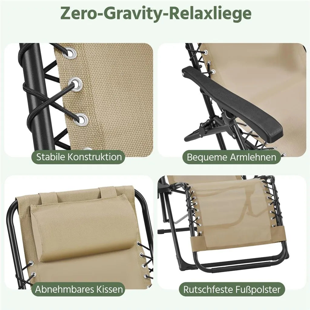 Yaheetech Set van 2 Ligstoelen met Bijzettafel - Beige - Opvouwbare Zero Gravity Tuinligstoelen met Hoofdkussen en Bekerhouders