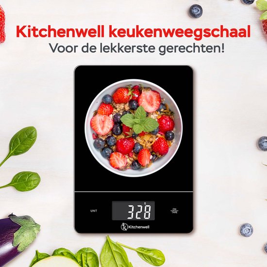 Kitchenwell Digitale Precisie Keukenweegschaal – Weegschaal Keuken - 1gr - 15kg – Tarra Functie - Zwart