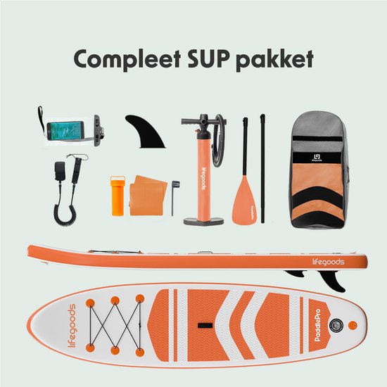 LifeGoods PaddlePro SUP Board - Opblaasbaar Paddle Board - Complete Set - Max. 135KG - 320x81cm - Wit/Oranje