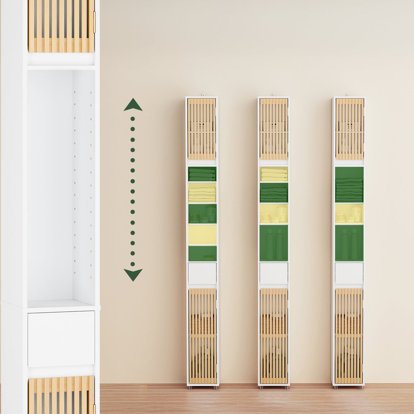 sobuy hoge badkamerkast met bamboe deuren - 20 × 20 × 180 cm | wit