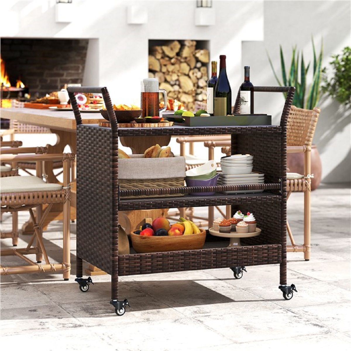 Coast Buitenbarwagen - 3 lagen - Rattan met vergrendelbare wielen - Bruin - 86 x 50 x 89 cm