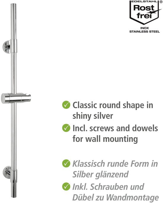 WENKO Douchestang Basic RVS chroom, lengte 66cm, diameter 19mm, met douchekophouder en 2 wandsteunen - Glijstang chroom