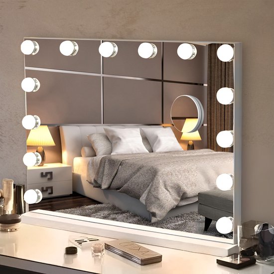Bayt Hollywood Spiegel met verlichting - Make Up Spiegel met Verlichting - Spiegel Met Verlichting - Dimbaar - 10x Vergroting - 50x40cm - Wit