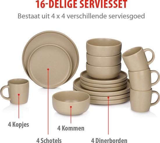alpina Serviesset 16-Delig - Bordenset 4 Persoons - Aardewerk Servies - Ontbijtborden, Dinerborden, Kommen en Mokken - Magnetron en Vaatwasser Bestendig - Zand
