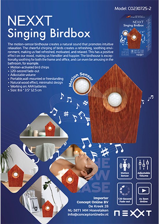 Nexxt Vogelgeluiden Huisje met Sensor voor op Toilet - Aanpasbaar Volume - WC - Bewegingsmelder - 8,6 x 3,5 x 12,5 cm - 90 g - Kastje - Bird Box - Donker Bruin