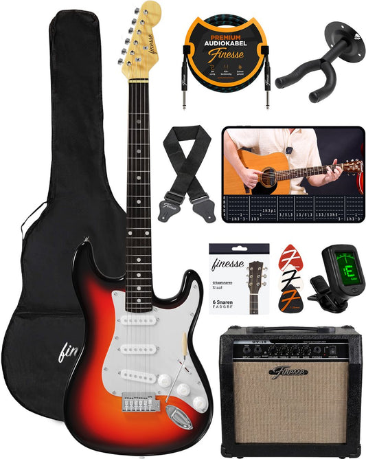 Finesse Elektrische Gitaar met Hoes – Sunburst – Full-size 4/4