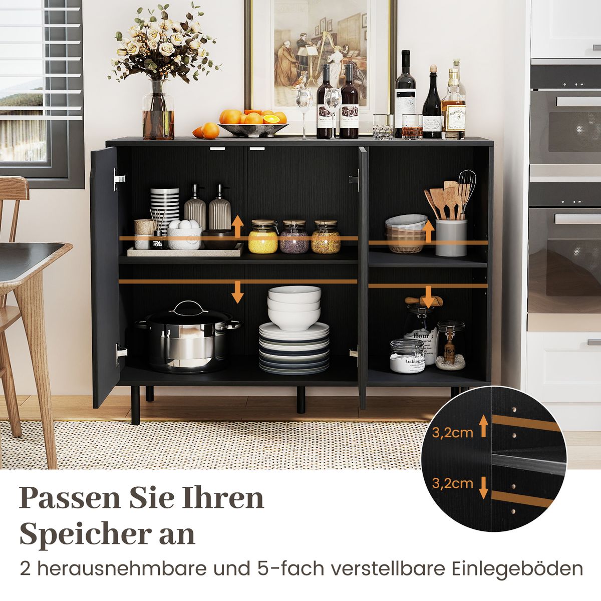 Coast Dressoir met 4 vakken en 2 deuren - verstelbare planken - zwart - 106 x 38 x 80 cm
