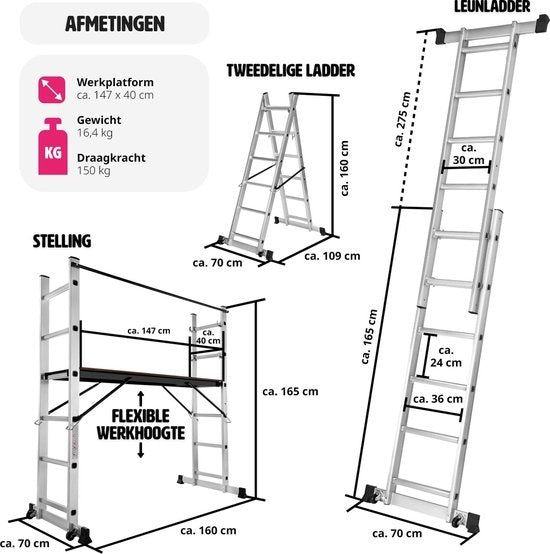TecTake 3-in-1 Multifunctionele Ladder & Steiger - Verstelbaar – 150 kg Draagvermogen – Max. Hoogte 275 cm –Zilver