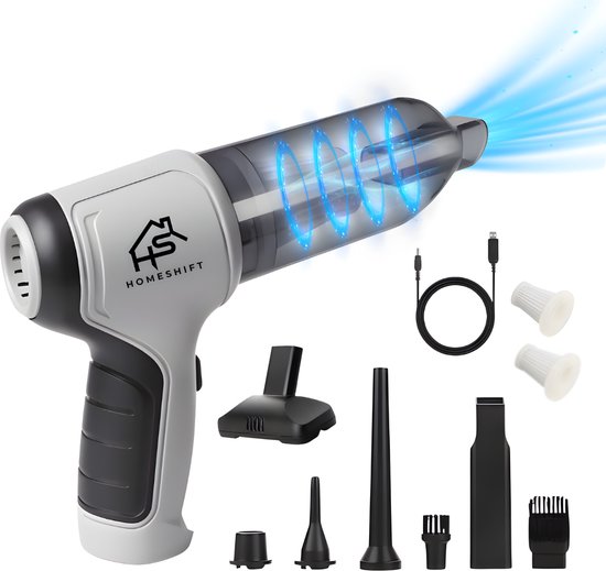 HomeShift® Auto Stofzuiger Draadloos V2 - Kruimelzuiger - Handstofzuiger - Kleine Stofzuiger - Draadloze stofzuiger - Air Duster - Nat & Droog - Grijs