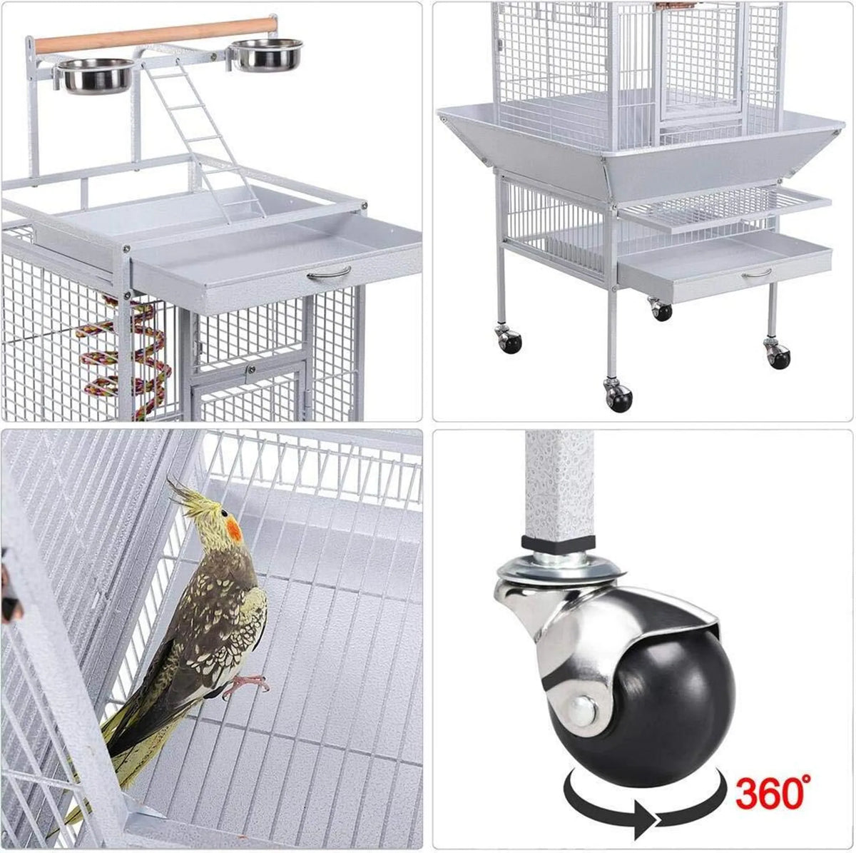 Yaheetech Papegaaienkooi Met Speelplateau – Voorzien Van Zaadvanger En Uitschuifbare Mestlades En Voerluikjes – Voor Valkparkieten En Papegaaien – Wit Poedergecoat IJzer – 65,5 x 65,5 x 156 cm