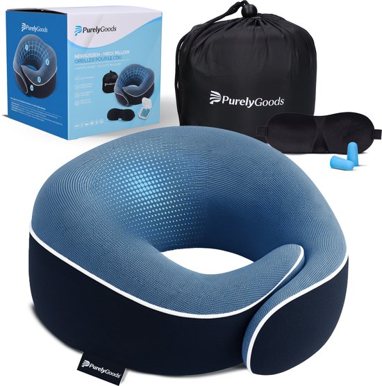 PurelyGoods® Nekkussen Set - Reiskussen - Vliegtuig & Auto - Memory Foam - Donkerblauw