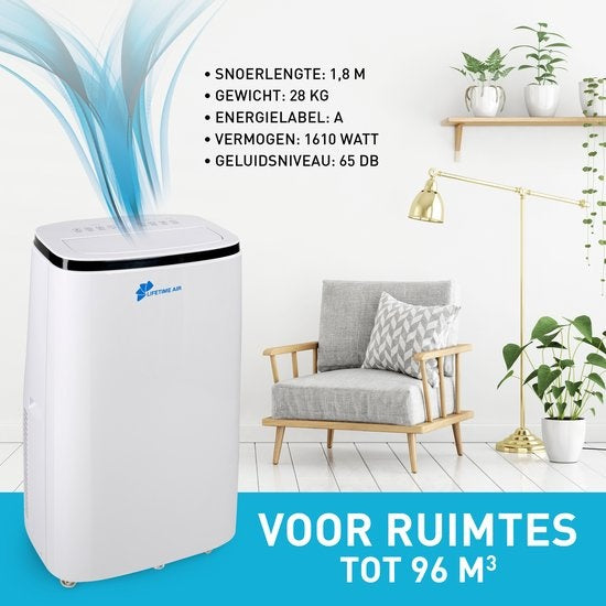 Lifetime Airco - 3 in 1 - Met Afvoerslang - 65dB - tot 96m2 - Afstandsbediening - Wit - 47x 38.2x75.2 cm