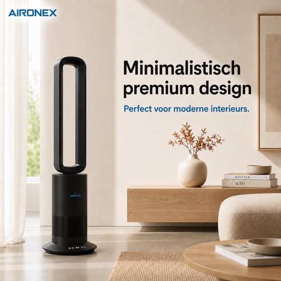 Aironex Bladloze Ventilator Zwart - Energiezuinige Luchtkoeler - Aircooler met Draaifunctie - Verwarming en Verkoeling in 1 -Ventilatoren - TafelVentilator -Vloerventilator