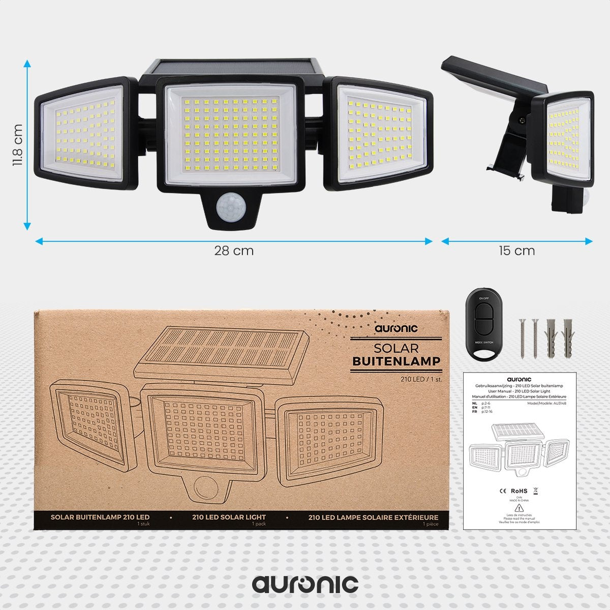 Auronic Solar Buitenlamp met Bewegingssensor - Wandlamp met Sensor - Zonne-energie - 210 LED's - IP65 - Zwart