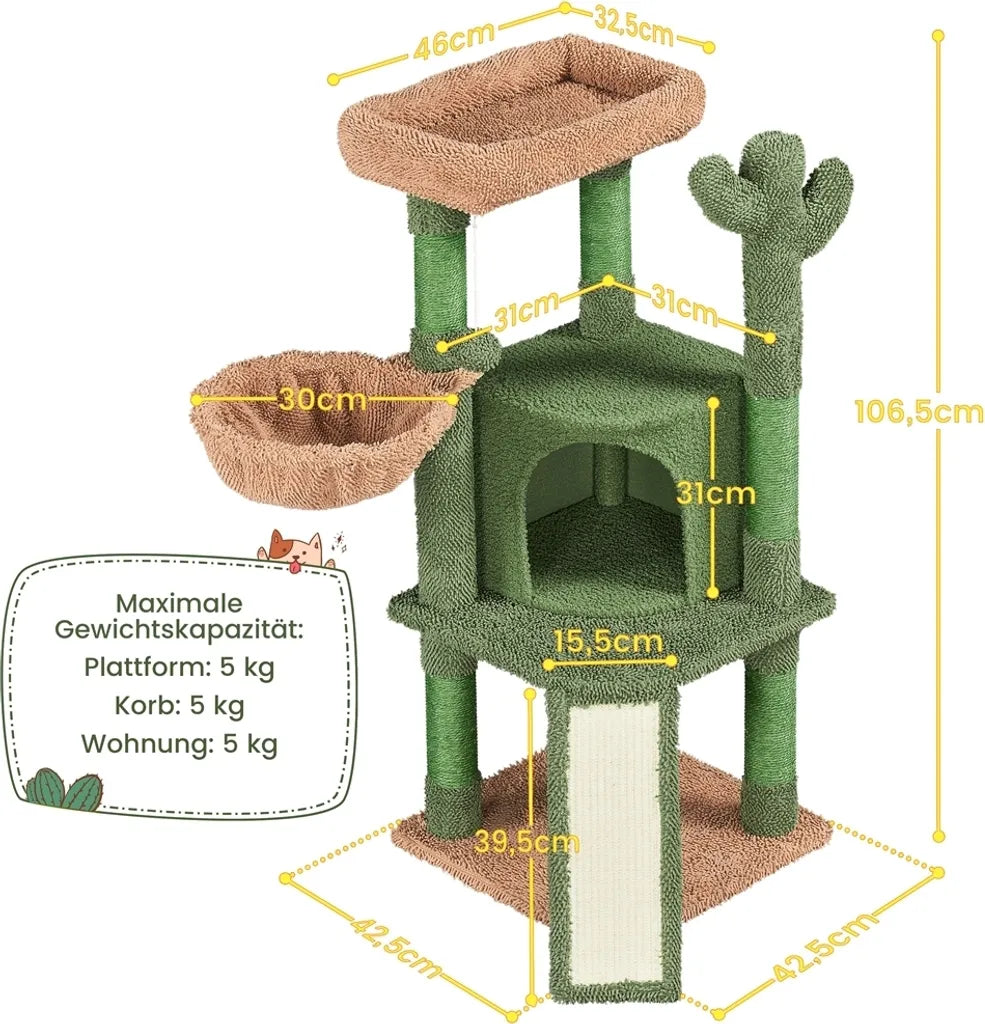 Yaheetech Kaktus Krabpaal XS 42,5 x 42,5 x 106,5 cm - Groen/Bruin - Kattenboom met Kattenhuis, Hangmand en Sisalpalen