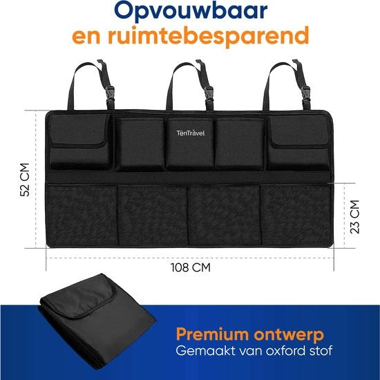 TenTravel Kofferbak Organizer - Auto Organizer Kofferbak - Autostoel Organizer - Waterproef en Krasbestendig - Met 9 Opbergvakken