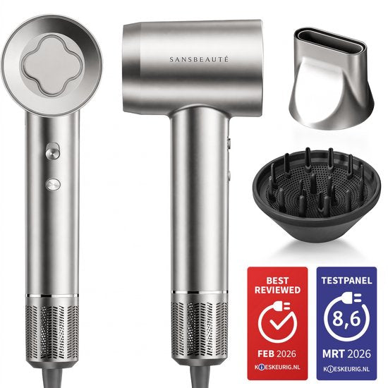 Sansbeauté® Föhn met Diffuser - Krullen - 110.000RPM - Ionische Haardroger met Borstel - 3 Standen - 3 Opzetstukken - Reisföhn - Sèche Cheveux - Krul Feun Set - Haarföhn met Defuser - Hair Blow Dryer - Kappersfohn - 2000W