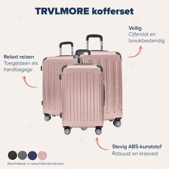 TRVLMORE Kofferset - 3 Delig - 38L Handbagage + 70L en 110L Ruimbagage - Lichtgewicht - Trolley - Reiskoffer Set - Roségoud