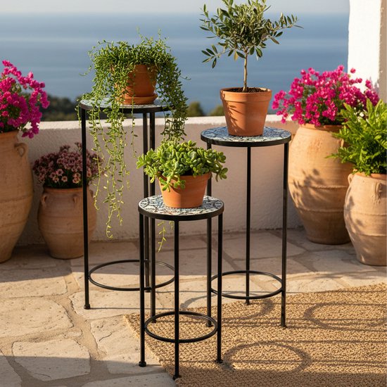 AXI Lola Mozaïek Plantentafel Rond Multikleur - Set 3 stuks – Bijzettafels - Diverse Afmetingen - Mozaïeklook – Ingelegd met keramische tegels – Voor binnen, tuin, terras en balkon