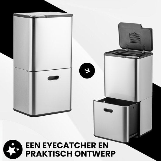 Bayt Prullenbak 60 Liter - Vuilnisbak 60 Liter - Prullenbak Afvalscheiding - 2 Compartimenten - RVS - Zilver