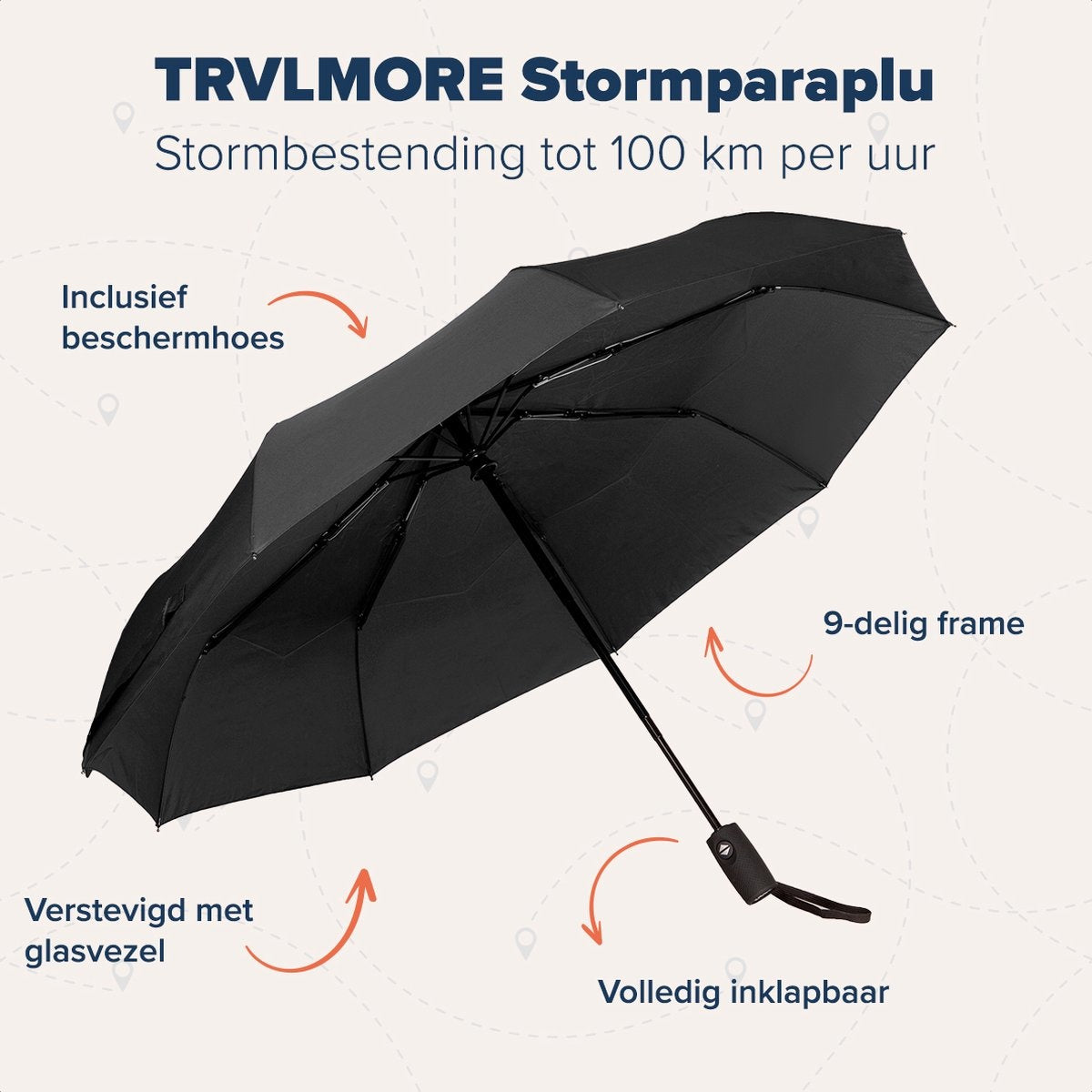 TRVLMORE Automatische Stormparaplu - tot 100km p/u - Ø 107 cm - Zwart