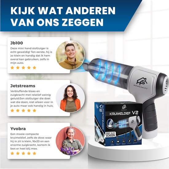 HomeShift® Auto Stofzuiger Draadloos V2 - Kruimelzuiger - Handstofzuiger - Kleine Stofzuiger - Draadloze stofzuiger - Air Duster - Nat & Droog - Grijs