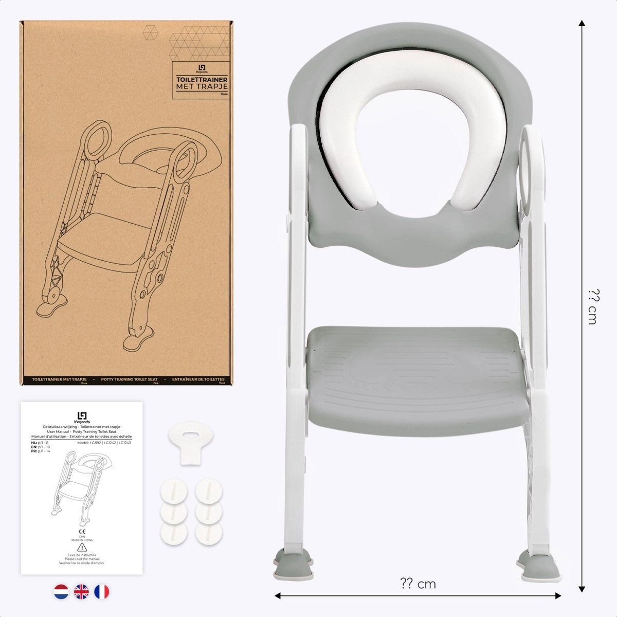 LifeGoods WC Verkleiner met Trapje - Toilettrainer met Opstapje - Potje peuter - 2 tot 7 Jaar - Grijs/Wit