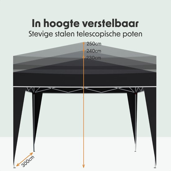 LifeGoods Partytent - Paviljoen - Easy Up - Opvouwbaar - Waterdicht - Met Draagtas - 300 x 300 cm – Zwart