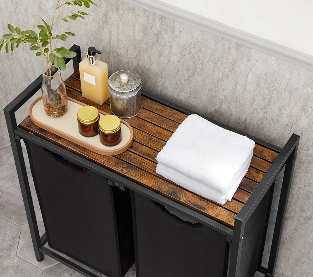 JOYFURNOS Wasmand met 2 Vakken - 2 x 46 Liter - 73 x 33 x 72 cm - Vintage Bruin-Zwart