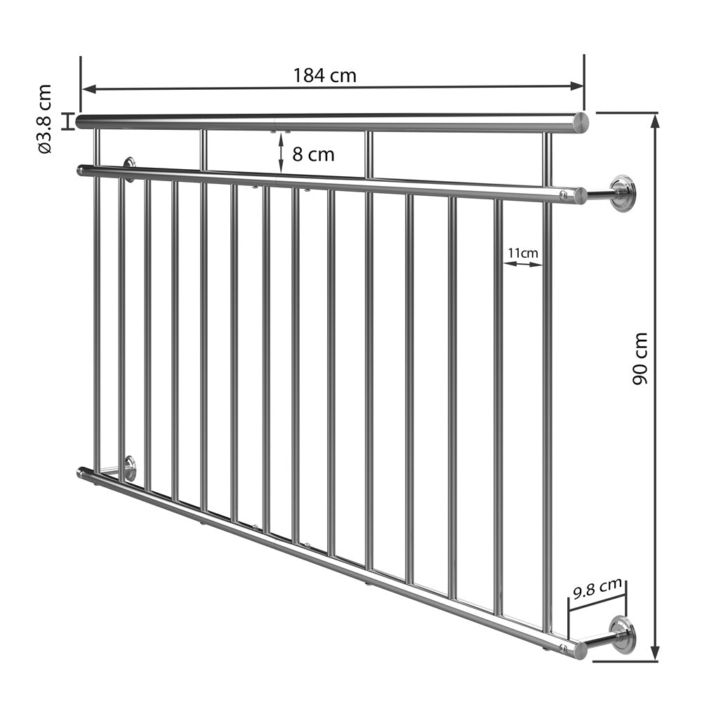 Monzana Franse Balkonreling Staal / 90x184cm 7 Spijlen - Zilver