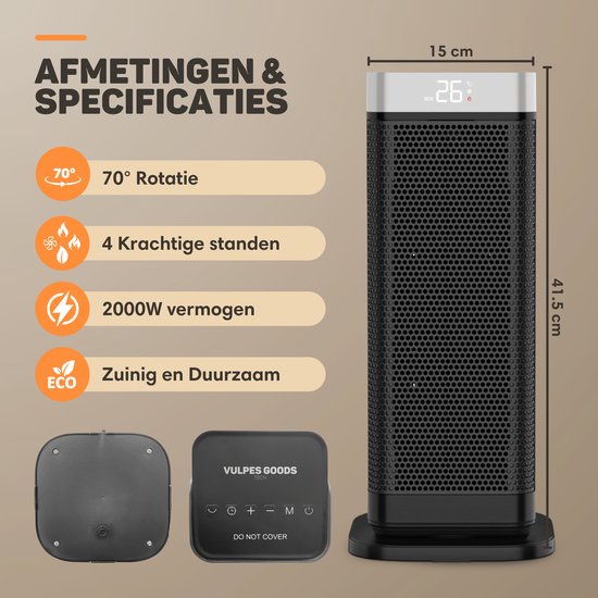 Vulpes Goods® Tech - Elektrische Kachel - Ventilatorkachel - Keramische Kachel - 4 Standen - 2000W - Timer, Afstandsbediening & Thermostaat - Heater - Elektrische Verwarming voor Binnen - Zwart