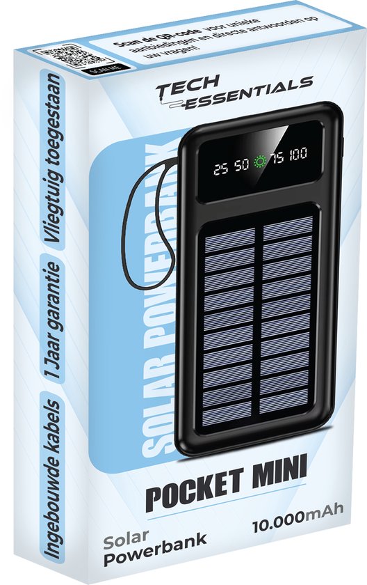 Tech Essentials Pocket Mini Solar Powerbank 10000 mAh - Met Ingebouwde Kabels - USB-C - Op Zonneenergie - Zonnepaneel - Oplader - Nood - Zwart