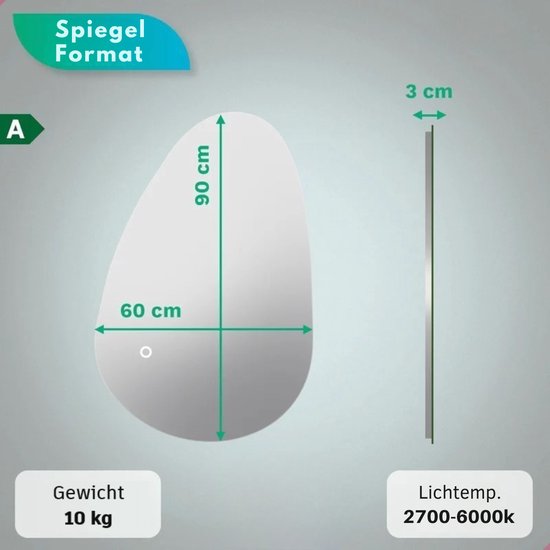 Mirlux Badkamerspiegel met LED Verlichting – Asymmetrisch Wandspiegels – Anti Condens Douchespiegel - Wandspiegel 90x60CM