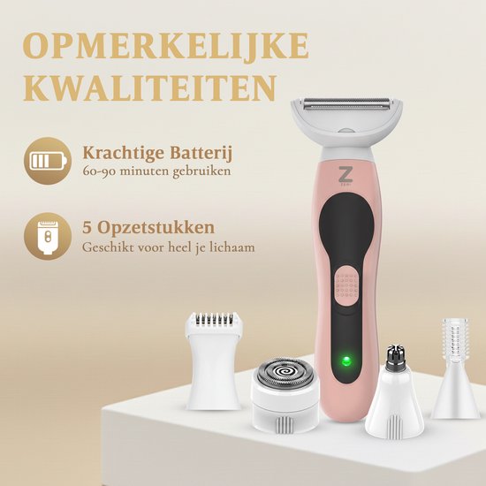 Ladyshave voor Vrouwen - 5 in 1 Scheerapparaat - Bikinilijn - Oksels - Benen - Gezichtshaar - Neustrimmer - Zeri