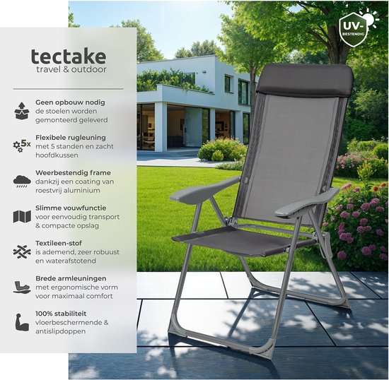 tectake®- Set van 4 Tuinstoelen met Hoge Rugleuning - Aluminium - Klapstoel 5-voudig Verstelbaar met Armleuningen - Fauteuil met Ligfunctie - Tuinmeubelen voor Terras en Camping - Antraciet