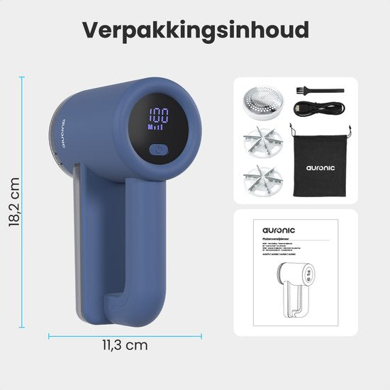 Auronic Elektrische Pluizenverwijderaar Pro - Pluizentondeuse - Accuduur 120 minuten - Oplaadbaar - LED display - Ontpluizer - Blauw