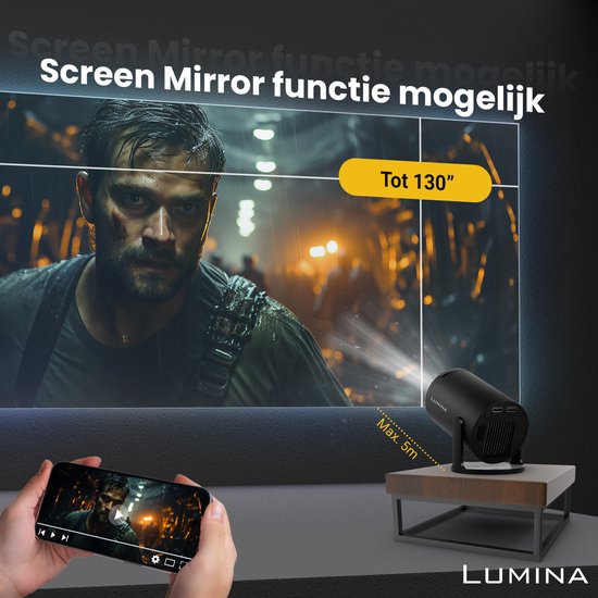 Lumina® Pro Mini Beamer 2026 – Android 14 Smart Projector met Google Playstore – Thuisbioscoop – Voor iOS & Android – WiFi 6 & Bluetooth 5.4 – Zwart