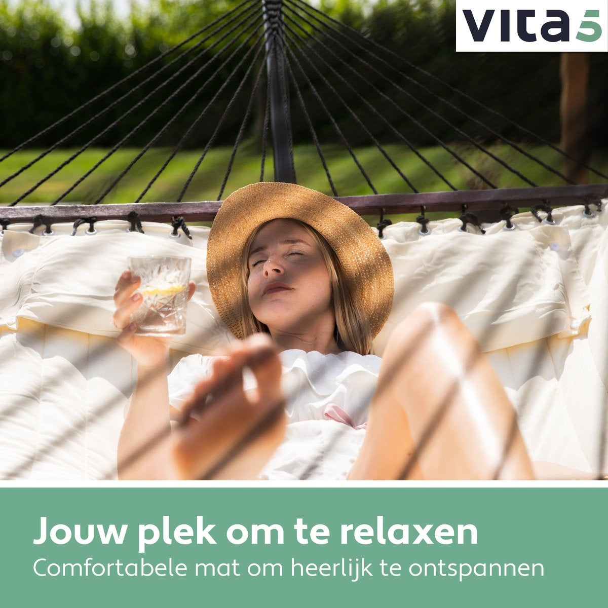 Vita5 Hangmat met Standaard en Spreidstok – 2 Persoons, Incl. Bekerhouder  – max. 200 kg – 350 x 120 x 140 cm – Beige