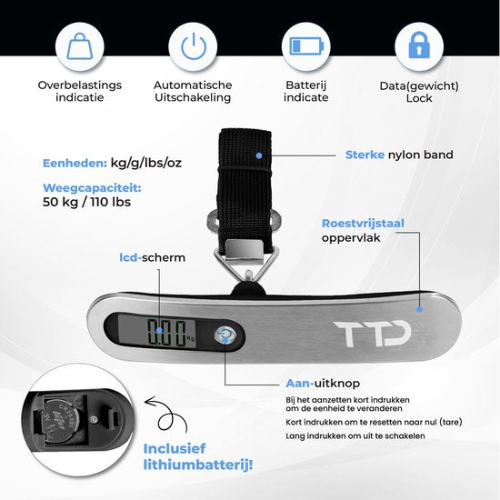 TTD® Kofferweegschaal met Travel Bag- Weegcapaciteit 50 kg - Bagageweegschaal - Bagageweger - Hangweegschaal - Digital Luggage Scale - Kofferweger - Reizen met Vliegtuig - kg/g/lbs/oz - Inclusief Batterijen - Zwart