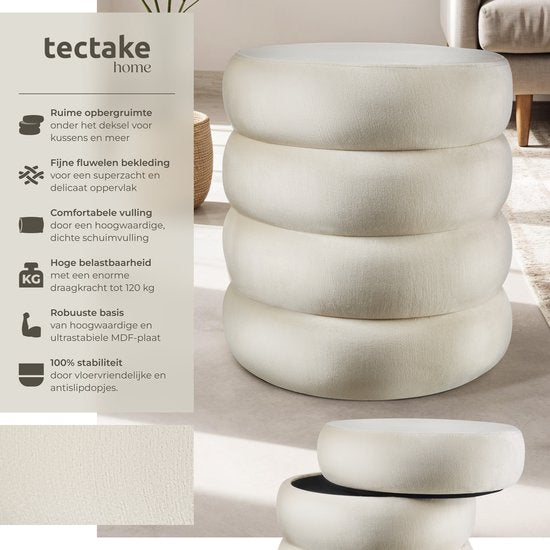 tectake® Kruk met opbergruimte - Scandi kruk fluweelstof - Ronde gestoffeerde poef voor kaptafel, slaapkamer, woonkamer of als halmeubel - Opbergkruk - creme
