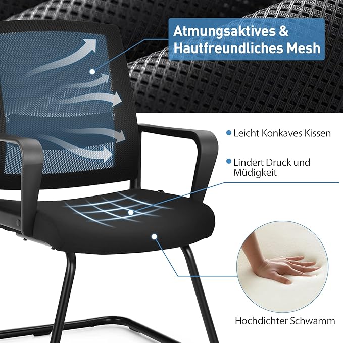 Coast Vergaderstoel Zwart – Ergonomische Bezoekersstoel met Mesh Rugleuning, Armleuningen en Verstelbare Lendensteun