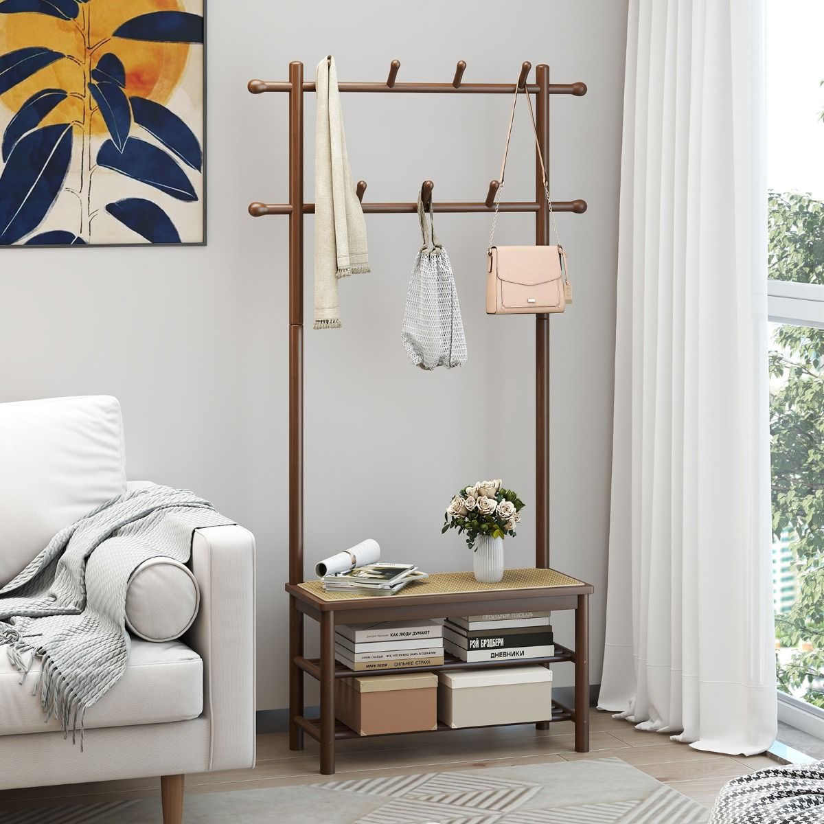 Coast Bamboe Kapstok met Bankje - Schoenenrek - PE-rotan Zitting - Bruin & Naturel - 71 x 30 x 169,5 cm
