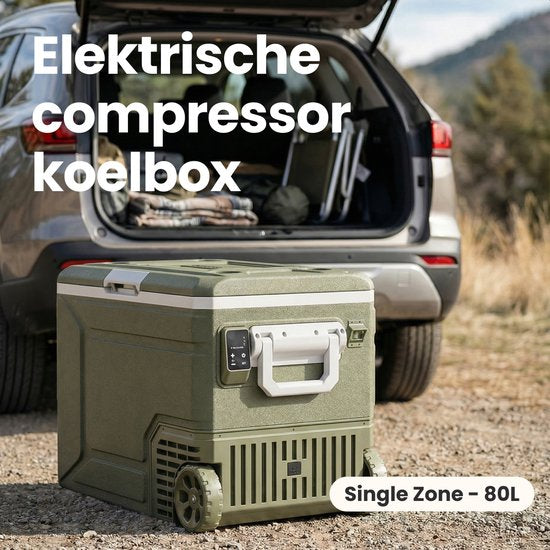 Auronic Elektrische Koelbox - Compressor - 80L - 12V en 240 volt - Camping Koelkast - Frigobox Auto - Met Wielen en Hendel - Groen