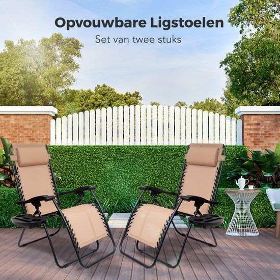 LifeGoods Opvouwbare Tuinstoelen - 2 Stuks - 30°-90° Verstelbaar - Metaal - Beige