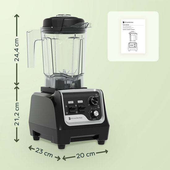 KitchenBrothers Power Blender - 1600W - 2L - Smoothie Maker - IJscrusher - Metallic Zwart
