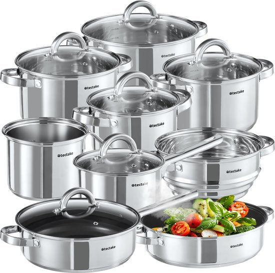 tectake® Pannenset - RVS - Geschikt voor inductie, gas en elektrisch koken - 15-delig - Vaatwasmachinebestendig - Voor thuis of camping - Pannen met deksels