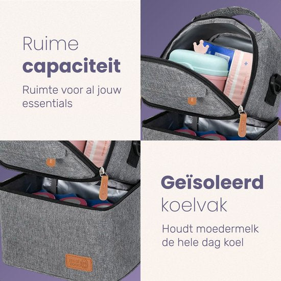 Qwali Koeltas Moedermelk - Incl 2 koelelementen - Schouder & Rugtas - Bewaarflesjes - Borstvoeding - Baby - Koelrugzak - Kolftas - Borstkolf - Grijs
